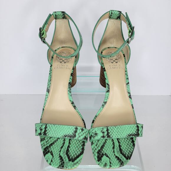 VINCE CAMUTO Mejorla Heeled Sandals Leather Green Snakeskin sz 8 - Picture 1 of 11
